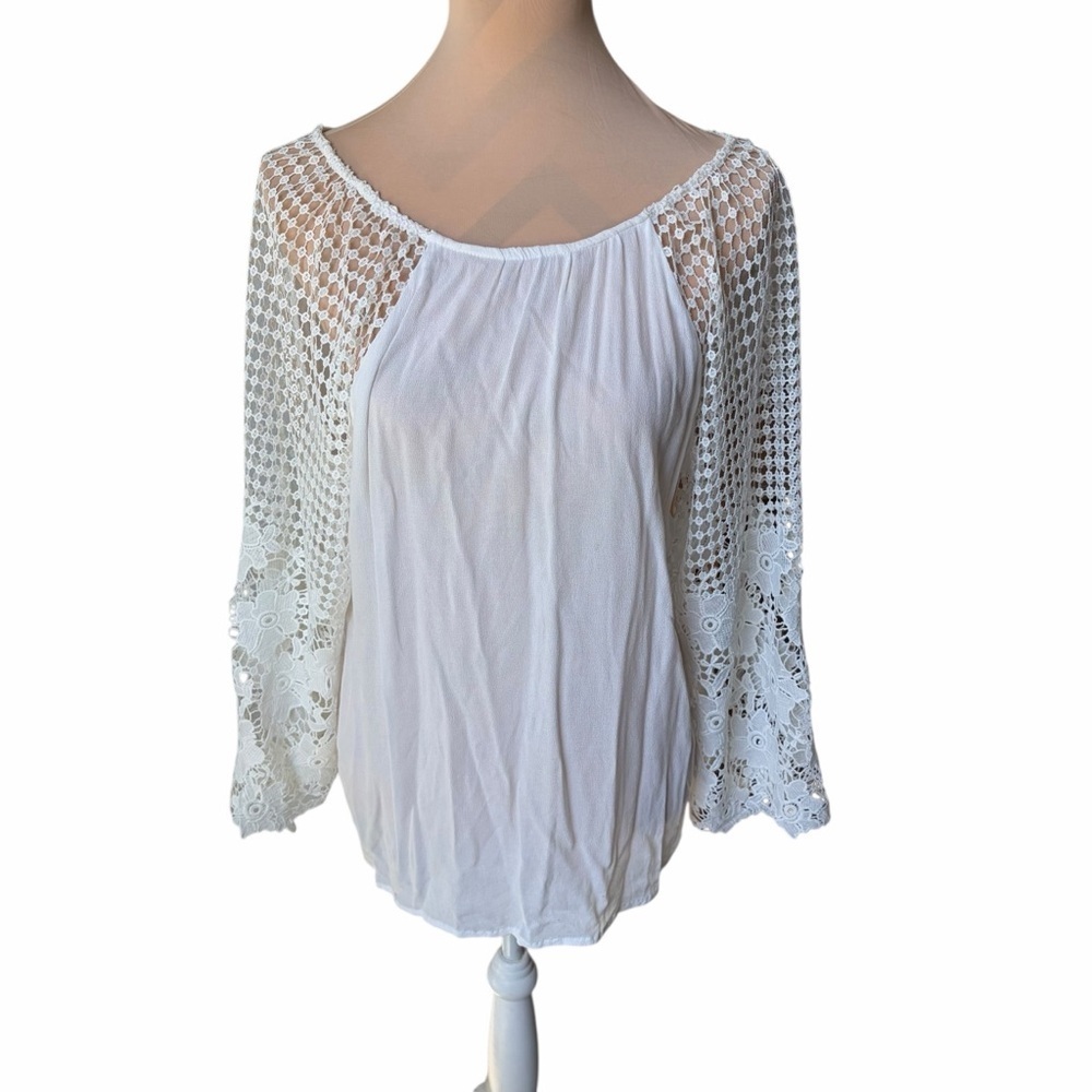 White Lace Women’s Blouse Size M | Boho Crochet Sleeve Peasant Top - Picture 2 of 8